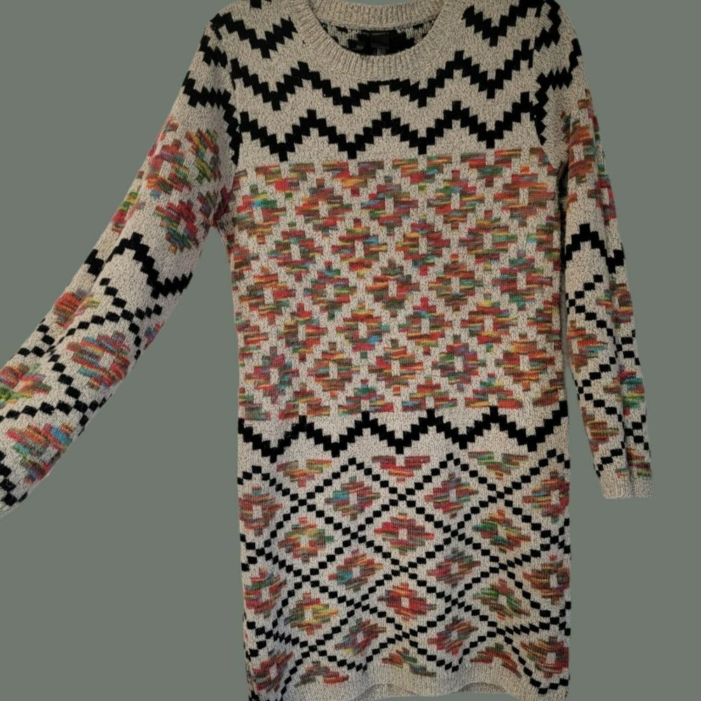 Kaktus Cream Knit Midi Dress with Multicolor Geo Pattern